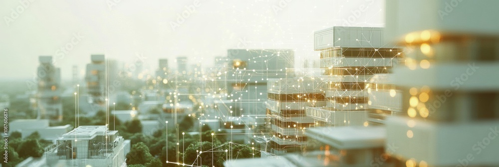 Poster the urban landscape features innovative buildings linked by an ai network, highlighting modern techn