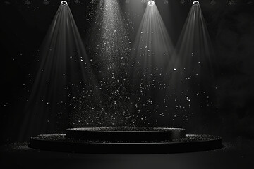 A stage with a spotlight on it and a curtain behind it. The curtain is open and there are many small pieces of paper falling from the ceiling, atmosphere of celebration and triumph.