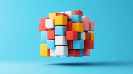 A colorful 3D cube made of various blocks, showcasing a vibrant mix of red, yellow, blue, and white against a light blue background.