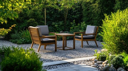 Obraz premium Modern outdoor chairs and table set in a minimalist garden, surrounded by simple plants and a calm, natural atmosphere.