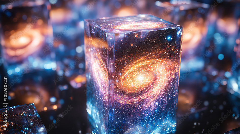 Poster 3D cosmic cube with swirling galaxies and shimmering stars in vibrant colors, set in a mesmerizing space-themed environment. Generative AI
