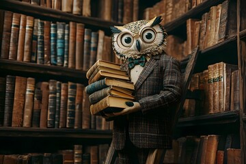 wise owl wearing glasses in a library holding books, dressed in a tweed jacket with a bow tie