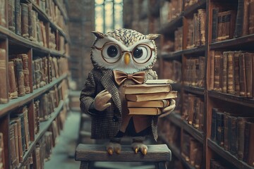 wise owl wearing glasses in a library holding books, dressed in a tweed jacket with a bow tie