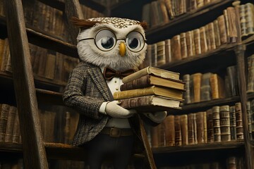 wise owl wearing glasses in a library holding books, dressed in a tweed jacket with a bow tie