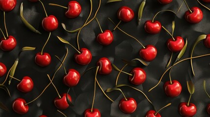 A close-up shot of ripe red cherries arranged against a dark background. The vibrant color of the cherries contrasts beautifully with the deep black backdrop, creating a visually striking image.