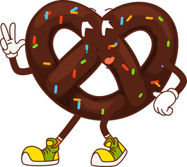 Cartoon funny pretzel groovy character. Isolated vector chocolate bakery with sprinkles, twisted snack personage with a cheeky grin and crispy texture flashing hippie peace sign, ready for adventure
