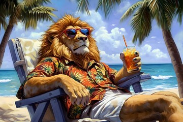 tropical lion relaxing on a beach chair wearing sunglasses and a Hawaiian shirt, enjoying a cocktail under palm trees