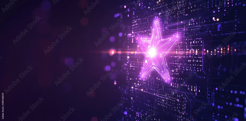 Poster A glowing star shape amidst a digital background of circuits and lights.
