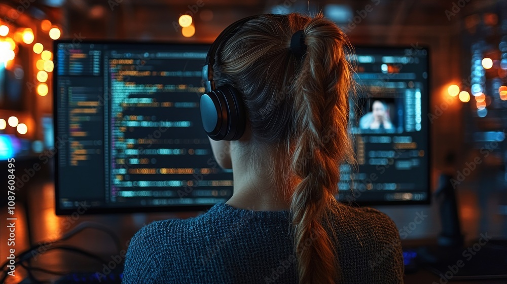Poster woman in a headset coding on a computer with glowing screens in a tech workspace at night