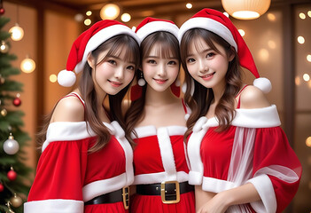 Portrait of a beautiful young woman in Santa Claus clothes. Christmas decoration background. Christmas image. Card design. サンタクロースの服を着た美しい若い女性のポートレート。クリスマスの装飾の背景。クリスマスのイメージ。カードデザイン。