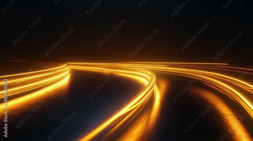 Poster abstract golden light trails on dark background, dynamic curves and lines.