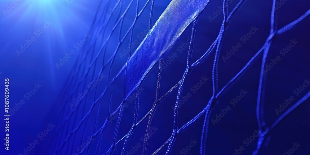 Poster a close-up of a sports net illuminated by blue light, emphasizing texture and depth.