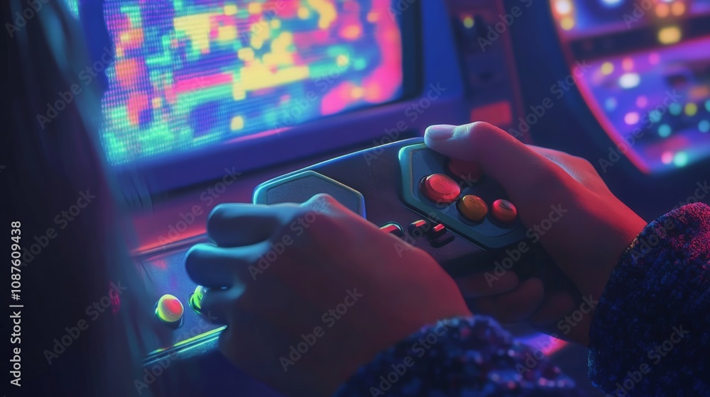 Poster a player grips a classic game controller, immersed in a retro gaming experience. colorful graphics i