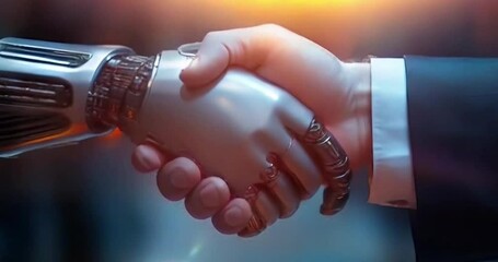 Close-up of a robot hand shaking a human hand, symbolizing collaboration between humans and AI - Powered by Adobe