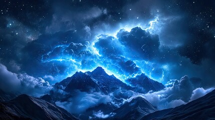 Fototapeta premium Mountain landscape at night under a dramatic, stormy sky with stars peeking through the clouds, creating a mystical, atmospheric scene.
