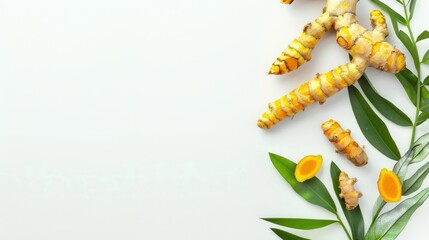 Naklejka premium portrait of sliced Turmeric root and green leaves isolated on white background.