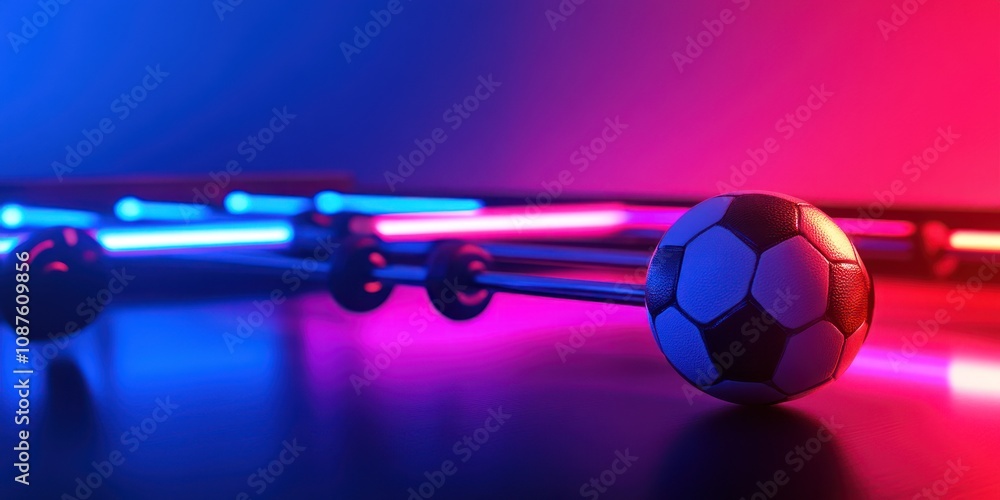 Poster a close-up of a foosball table with a soccer ball and colorful neon lights.