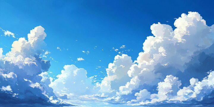 Vibrant blue sky with fluffy white clouds creates a picturesque scene. The blue sky enhances the beauty of nature on this bright, colorful day, inviting you to enjoy the splendid morning.