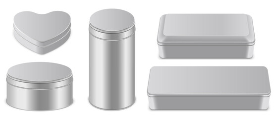Metal boxes of different shapes realistic mockup collection vector illustration. Aluminum containers round, heart, cylinder and rectangle forms for storing accessories, gifts, seasonings or products