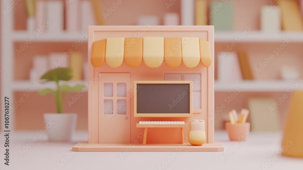 Poster a pastel-colored storefront with a computer setup, symbolizing a modern workspace.