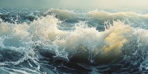 Fototapeta premium Seascape capturing the dynamic beauty of waterwaves and frothy white foam, showcasing the mesmerizing seascape in motion and the natural elements at play in this captivating scene.