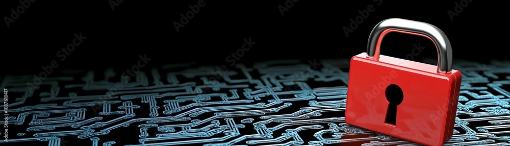 Poster cybersecurity awareness. a red padlock rests on a digital circuit background, symbolizing cybersecur
