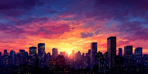 Obraz premium Stunning glow of the sky and the silhouette of buildings create a captivating scene during sunset, showcasing the beautiful blend of colors in the sky and the outlines of the buildings.