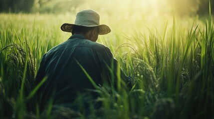 Farmer in Rice Paddy Field at Sunset, Golden Hour Agriculture