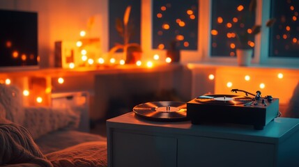 A cozy lo-fi living room at night with warm lighting, a vintage record player spinning vinyl, and soft glowing fairy lights, perfect for a chill hip hop stream overlay.