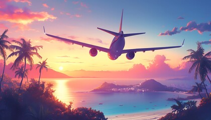 Conceptual image an airplane flying towards an exotic destination, evoking wanderlust and adventure.