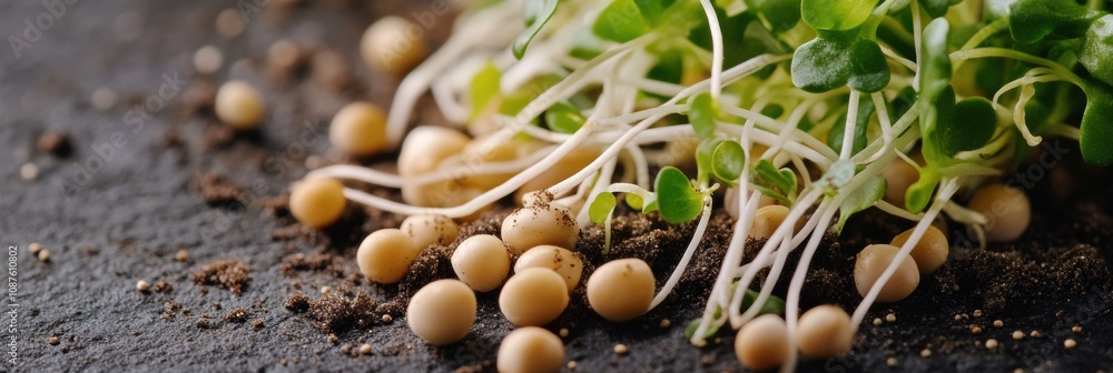 Aufkleber a close-up view of tiny seeds and vibrant fresh sprouts resting on dark, fertile soil signifies new 