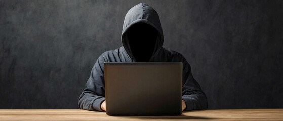 Cybersecurity awareness. A shadowy figure in a hoodie sits before a laptop, evoking themes of anonymity, cybersecurity, and the digital underworld.