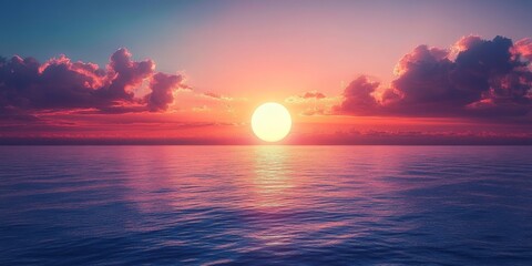 Captivating sunset at sea, showcasing the stunning view of the sun as it rises above the horizon. The beautiful sunset at sea creates a serene and picturesque atmosphere.