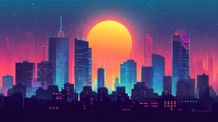 Fototapeta premium A vibrant cityscape with a large sun setting in the background, against a backdrop of blue and pink sky and a starry night.