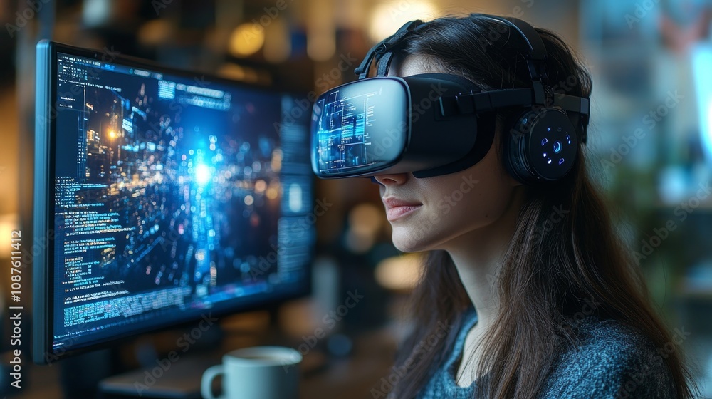 Poster female developer immersed in virtual reality at her workspace during a tech project