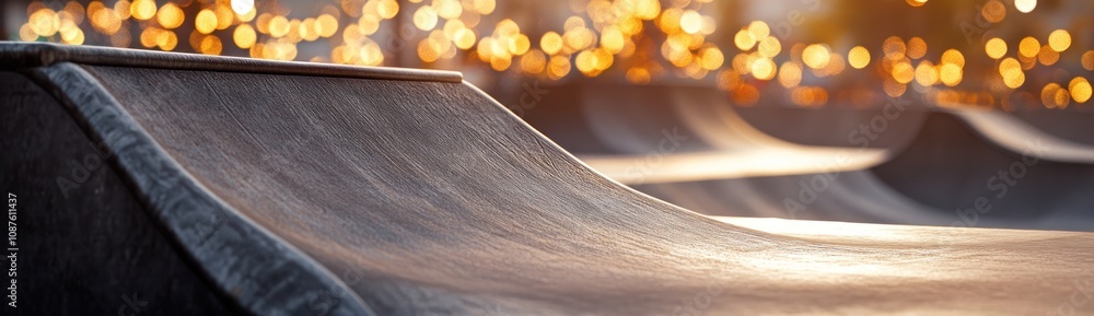 Aufkleber a close-up view of a skatepark ramp illuminated by soft lights in the background.