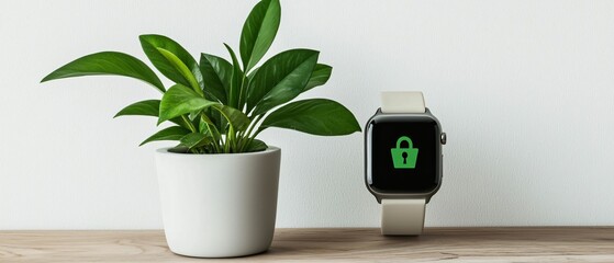 Cybersecurity awareness. A stylish smartwatch displays a lock icon next to a vibrant green plant in a minimalist setting, combining technology and nature.