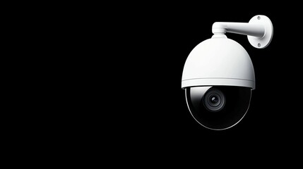 Cybersecurity awareness. A white security camera mounted on a wall against a black background, designed for surveillance and monitoring.