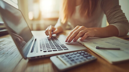 A woman is typing on a laptop computer with a calculator