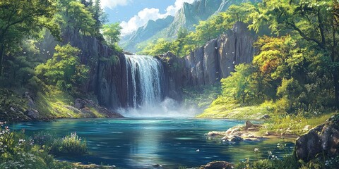 Fototapeta premium Enchanting waterfalls cascade beside a serene lake, nestled deep within a tranquil forest, creating a peaceful atmosphere that showcases the beauty of nature s waterfalls and lake.