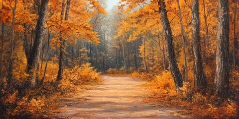 Obraz premium Autumn pathwalk in the woods showcases the beauty of the season, inviting explorers to enjoy a peaceful pathwalk among the vibrant foliage and serene atmosphere of nature s autumn display.