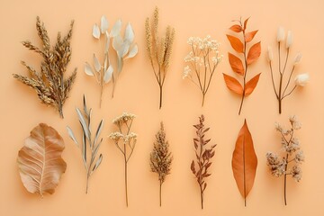 a delicate arrangement of dried flowers and leaves with a soft beige aesthetic on a neutral background