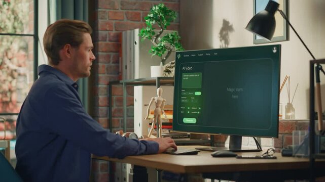Young Creative Marketing Brand Specialist Uses AI Image Generation Software on Desktop Computer, Creating Futuristic Woman Portrait. Digital Art Creator using AI Assistant for Ebusiness