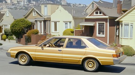 Obraz premium Gold Sedan Driving Past Row of Houses