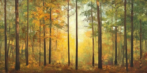 Vibrantly colored forest in autumn showcases a stunning array of green, yellow, and brown foliage. This autumn scene features mixed trees that create a picturesque woodland atmosphere.