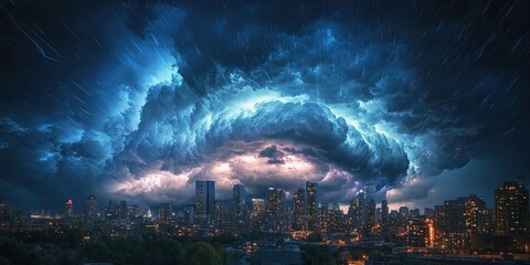 Fototapeta premium A surreal storm looms dramatically over the city skyline at night, creating a striking and mysterious atmosphere filled with swirling clouds and flashes of light, captivating viewers.