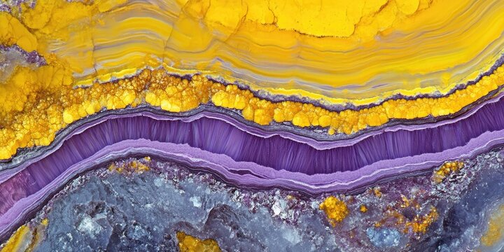 Vibrant yellow bands contrast sharply with a purple wedge in this abstract micrograph of peridotite rock, captured at 40x magnification using polarization techniques. Enjoy the stunning details of