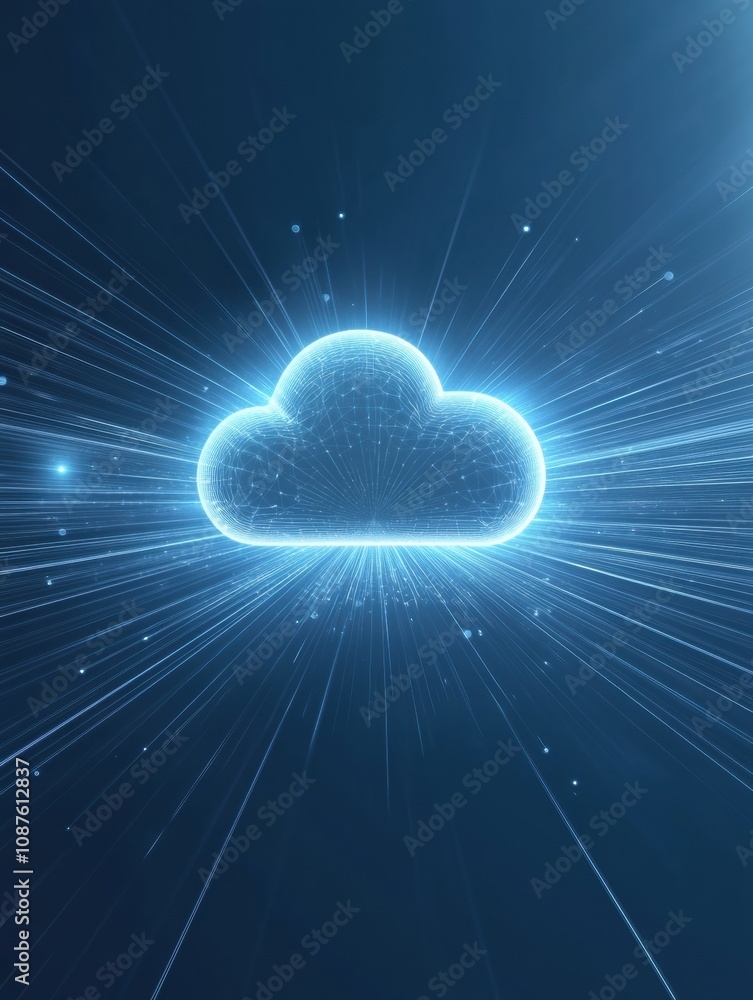 Fototapete a glowing cloud icon is surrounded by bright rays of light in a digital, nighttime environment symbo