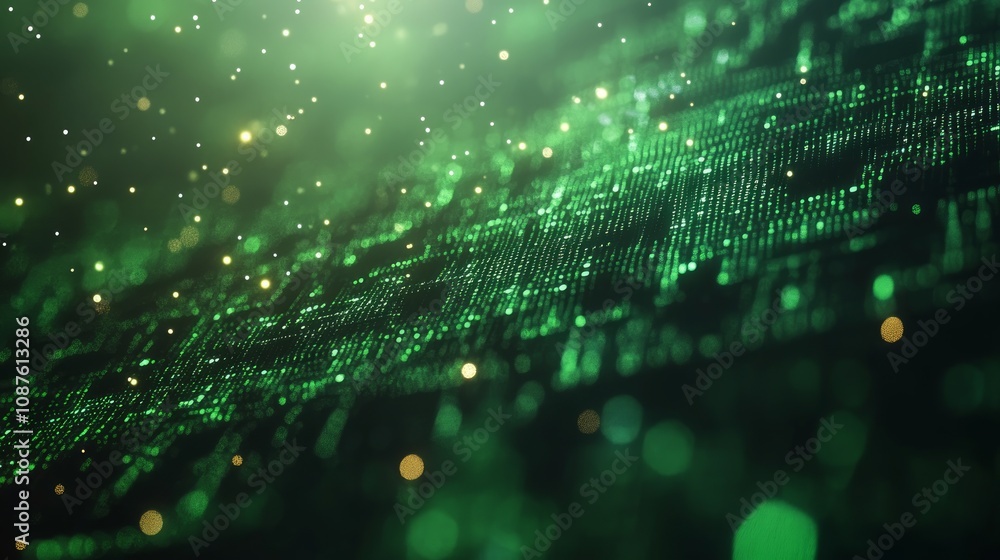 Poster abstract green digital particles background with glowing bokeh lights.