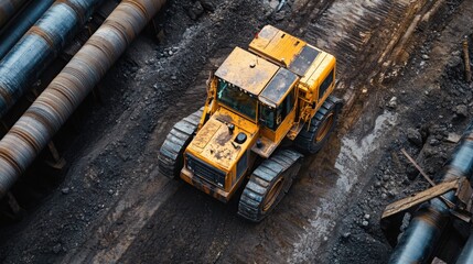 Aerial View of Yellow Tractor Excavating Pipes During Construction